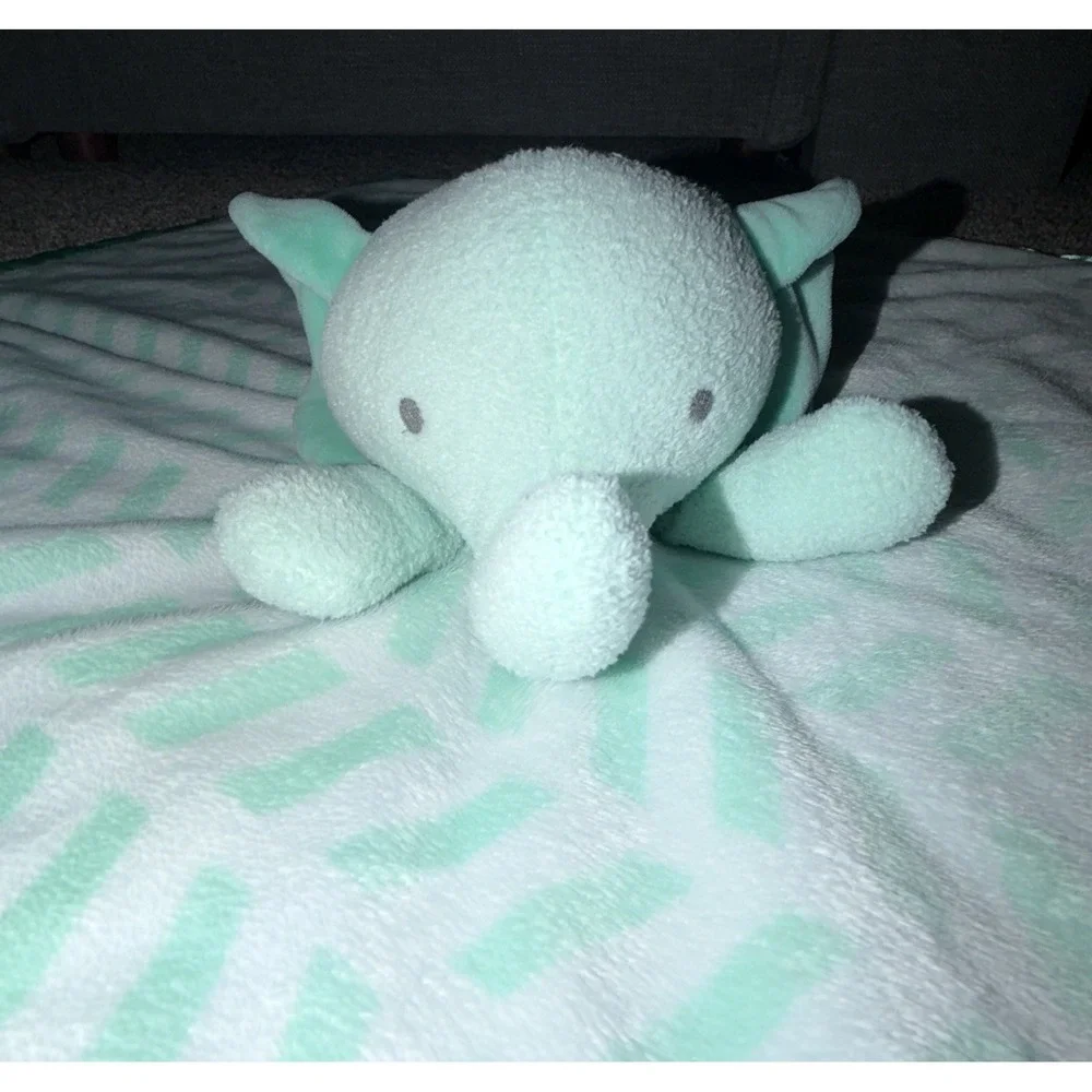 Cloud Island Elephant Blue Lovey White Security Blanket Teal Stripes Satin Large
